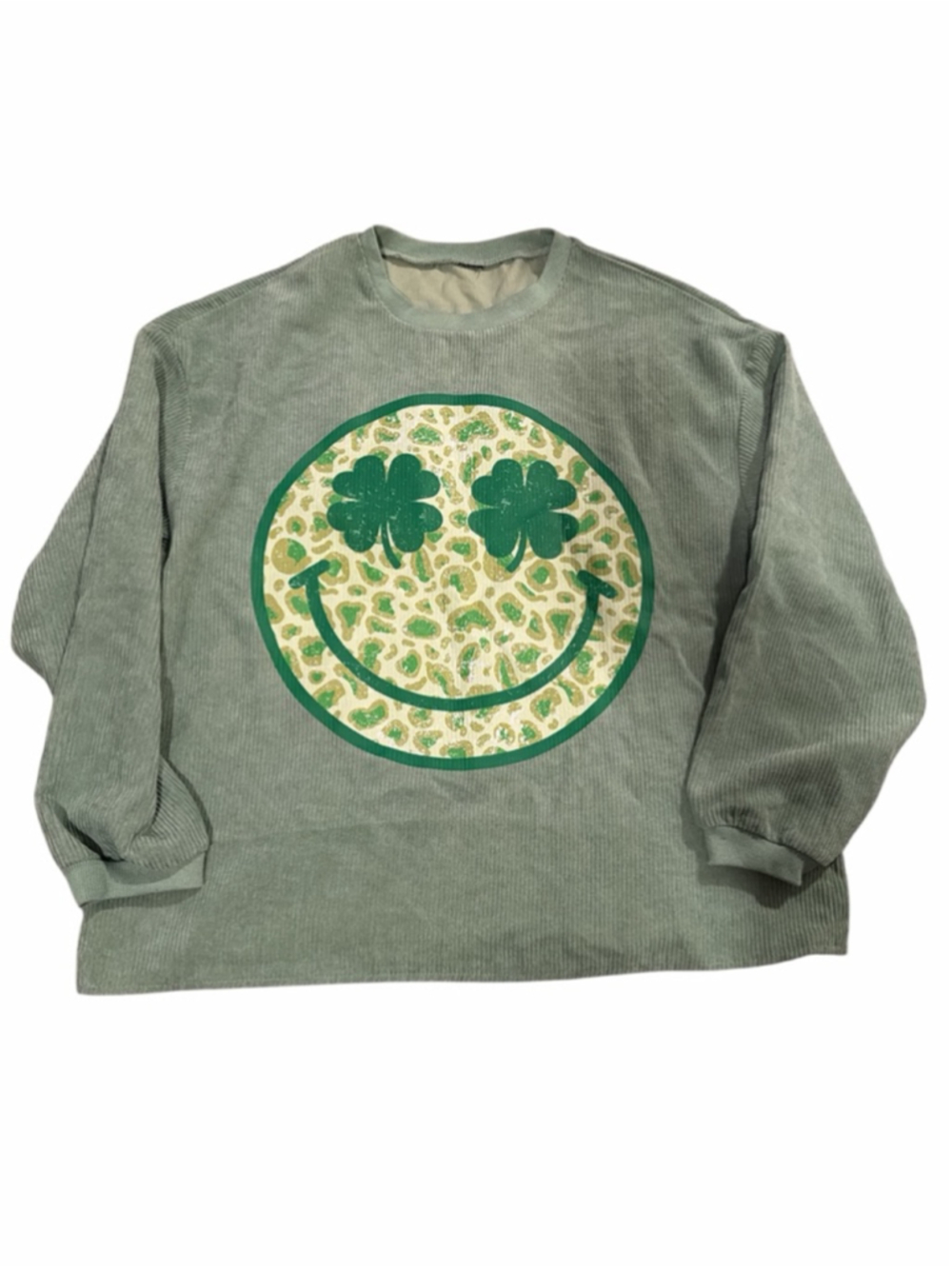 St. Patrick’s Day Corduroy Pullover - Lucky Clover Graphic - Size Large